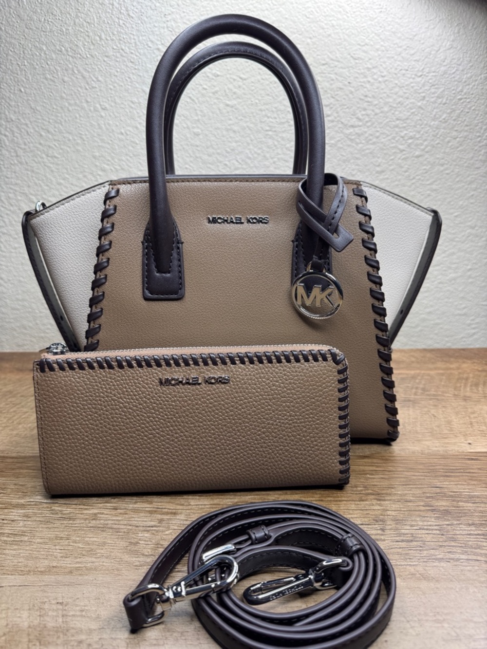 Michael Avril Kors Taupe, Cream & Dark Brown Whipstitch Satchel with Wallet